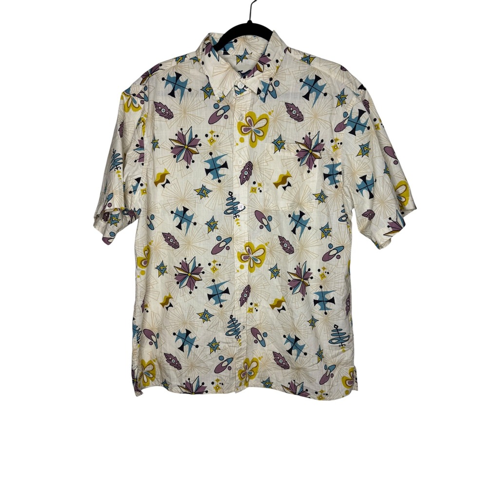 Yiume Men Medium Atomic Mid Century Modern Cotton Short Sleeve Button Down Shirt